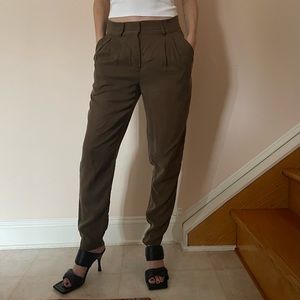Dark Olive Pleated Tapered Trousers
